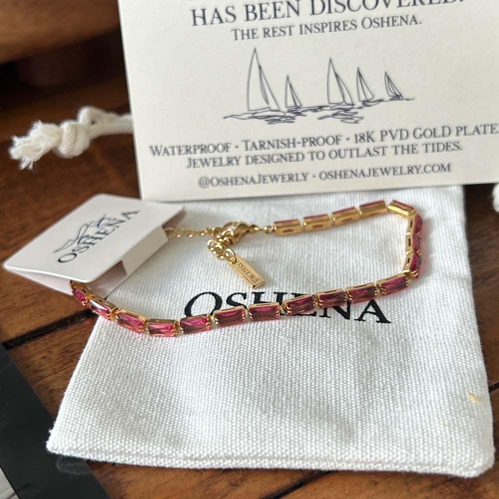 Oshena Designer Beachwear Radiant Rose pink faceted stone‎ Gold tennis Bracelet